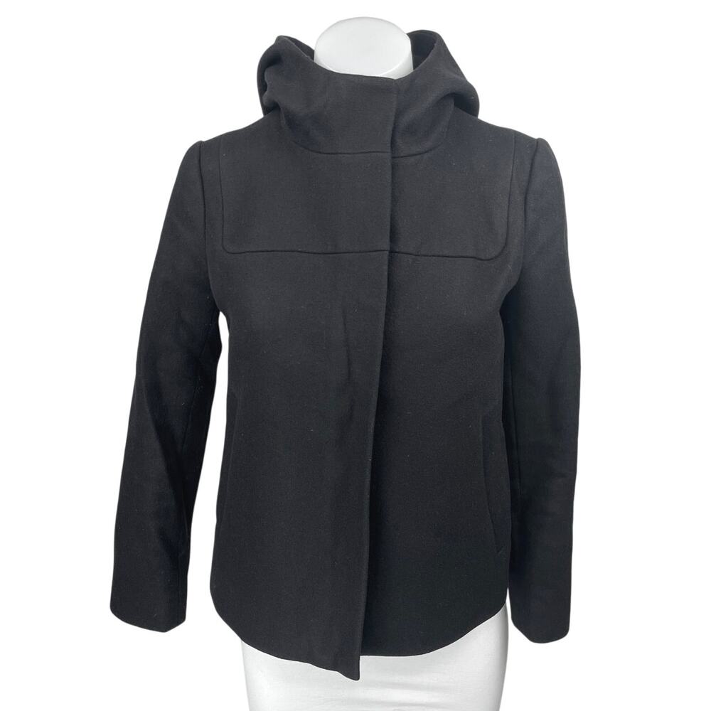 J.Crew Black Merino Wool Hoodie Hooded Zip Up Long Sleeve Coat Jacket Size 2P